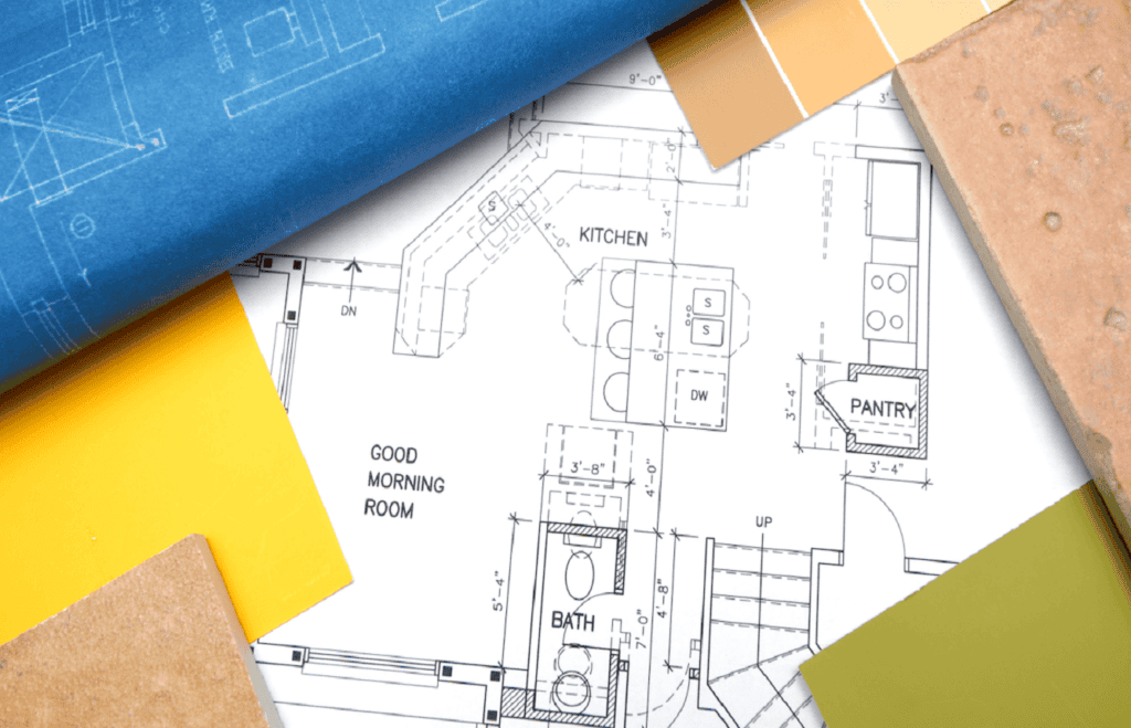 A colorful collection of architectural blueprints, material samples, and floor plans by Remodeling Services Orlando Florida. The plans feature labeled sections, including a kitchen, pantry, bathroom, and "Good Morning Room," surrounded by various colored swatches and texture samples.