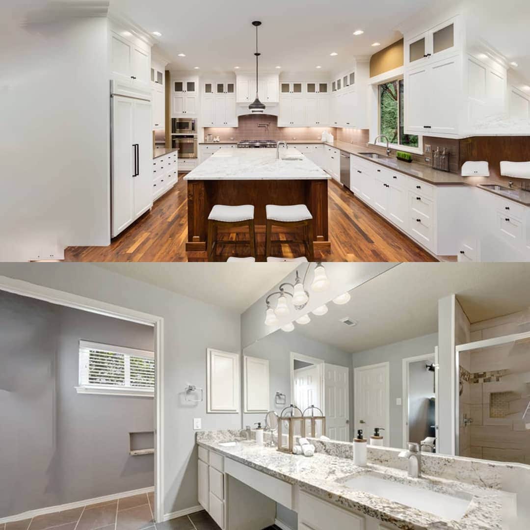 The image shows a split view of two rooms: the upper half features a modern kitchen with white cabinets, two stools by an island, and wooden floors; the lower half displays a contemporary bathroom with dual sinks, mirrors, and gray walls, perfect examples of Bathroom Remodeling Orlando Florida.