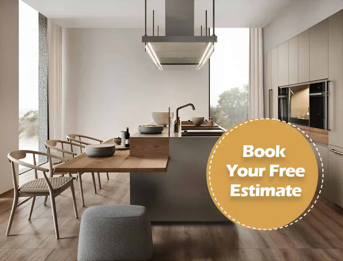 A modern kitchen with light wood floors and cabinets, a central island with a small wooden dining extension, and minimalist decor. A large circular graphic overlay reads "Book Your Free Estimate" in white text on a yellow background. Expert kitchen remodeling services Orlando Florida will bring your vision to life.